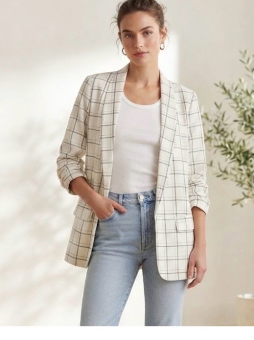 Ivory Windowpane Blazer - Women's Checked Suit Jacket
